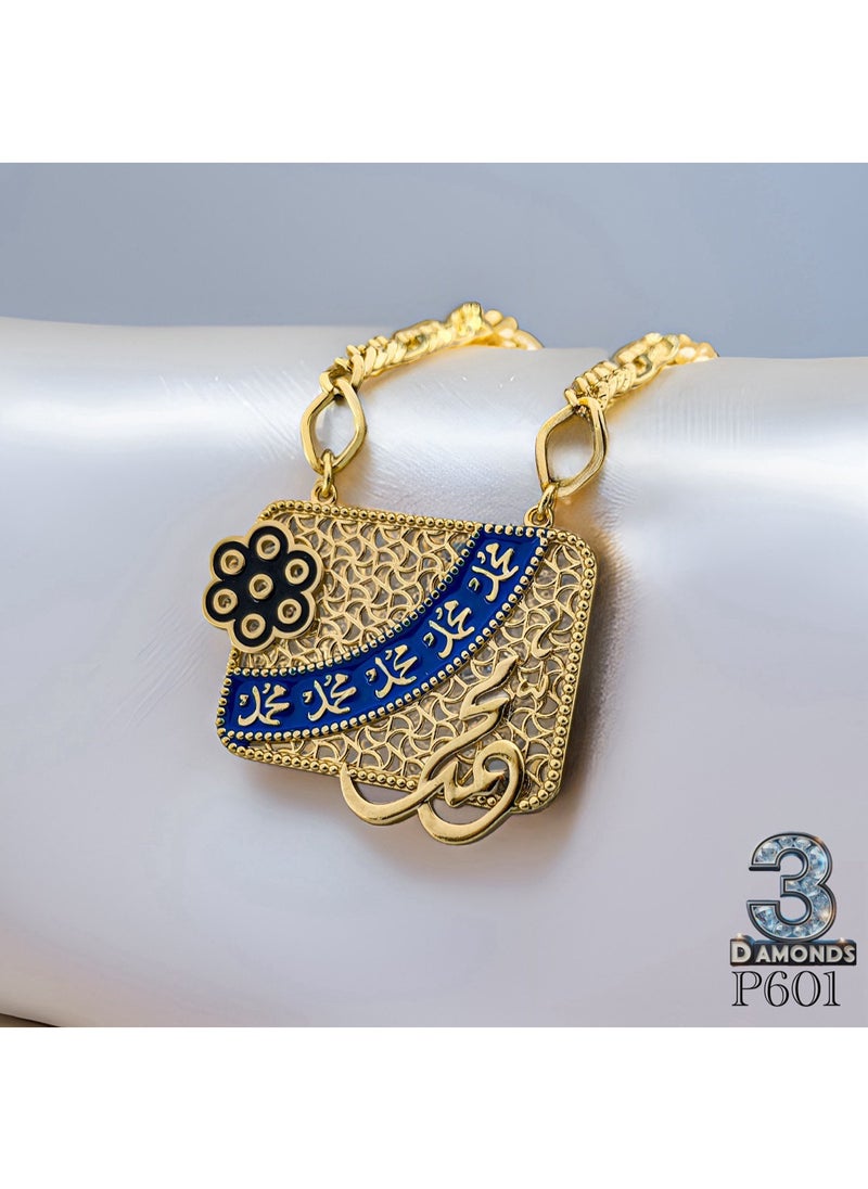 3Diamonds Gold-Plated Rectangle Pendant with Oriental Engraving – 3Diamonds Islamic-Inspired Necklace  - Image 1
