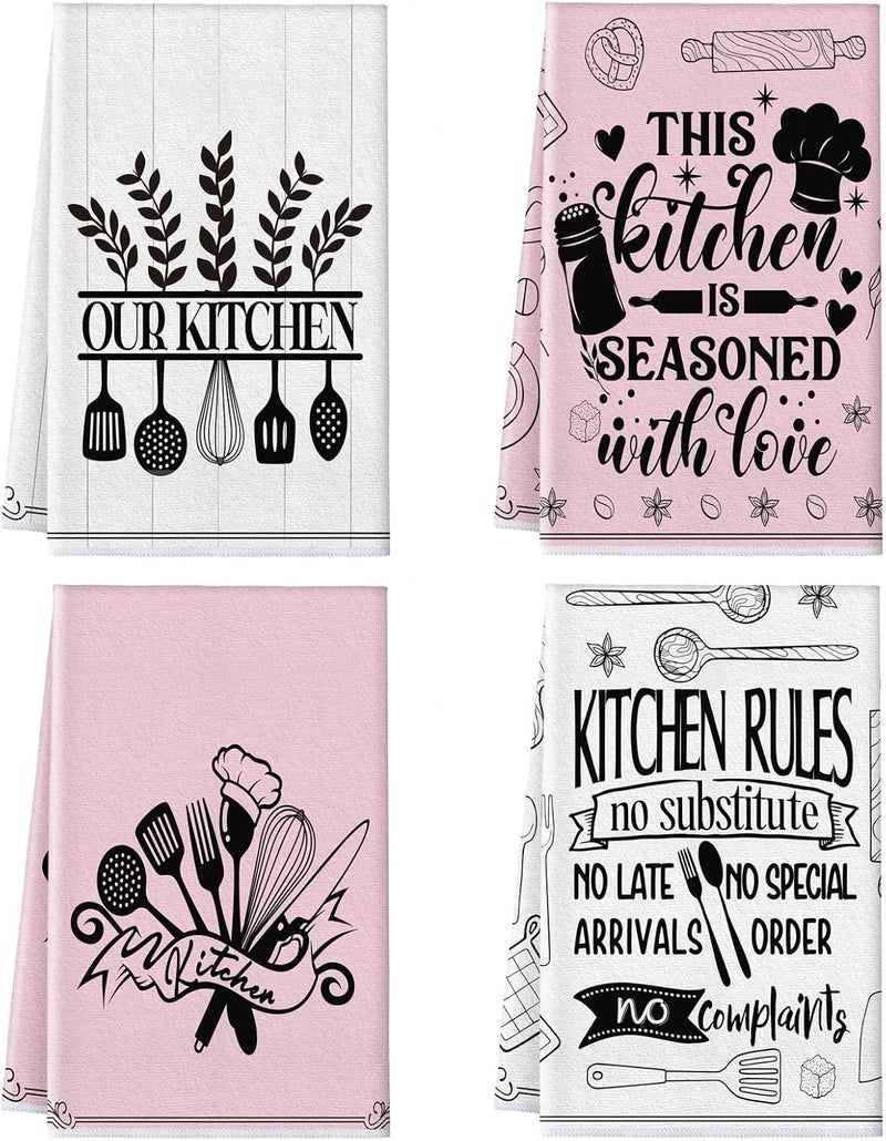 Bencailor 4 Pcs Funny Pink Kitchen Towels This Kitchen is Seasoned with Love Dish Towels Decorative Hand Tea Dishcloths with Hanging Loop for Home Housewarming Gift Decor Accessories - Image 1