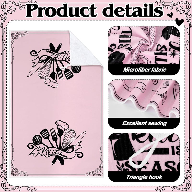 Bencailor 4 Pcs Funny Pink Kitchen Towels This Kitchen is Seasoned with Love Dish Towels Decorative Hand Tea Dishcloths with Hanging Loop for Home Housewarming Gift Decor Accessories - Image 5