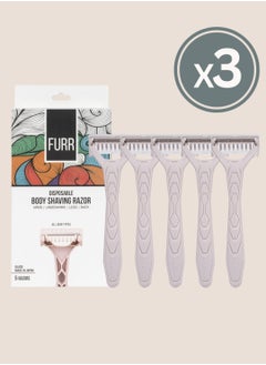 Furr Furr Disposable Body Razor, Equipped with Safety Guard & Anti-slip Grip, for all skin types, Made in Japan – 5 Razors  - Pack of 3  - Image 1