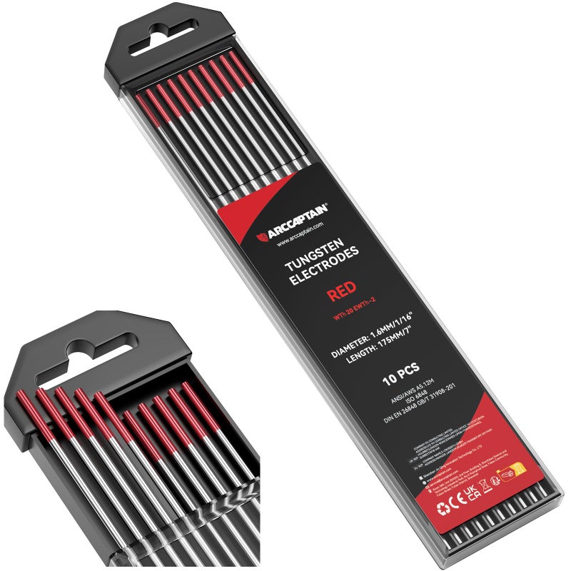 ARCCAPTAIN TIG Welding Tungsten Electrode 10-Pack 1/16"x 7"(Red, WT20/EWth-2) - Image 1