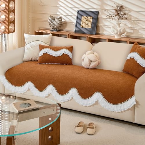 HOKIPO 'French Classic Frill' Sofa Cover Mat for 1/2/3 Seater & L Shape Sofa. Make Your Own Sofa Cover Set, Anti-Slip Mat Length 90(D) x 180(L) cm, Copper Orange (AR-6143-OR) - Image 2