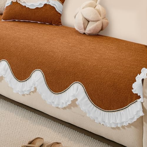 HOKIPO 'French Classic Frill' Sofa Cover Mat for 1/2/3 Seater & L Shape Sofa. Make Your Own Sofa Cover Set, Anti-Slip Mat Length 90(D) x 180(L) cm, Copper Orange (AR-6143-OR) - Image 1
