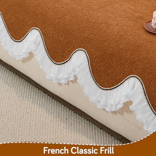 HOKIPO 'French Classic Frill' Sofa Cover Mat for 1/2/3 Seater & L Shape Sofa. Make Your Own Sofa Cover Set, Anti-Slip Mat Length 90(D) x 180(L) cm, Copper Orange (AR-6143-OR) - Image 4
