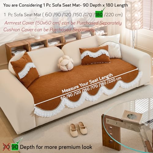 HOKIPO 'French Classic Frill' Sofa Cover Mat for 1/2/3 Seater & L Shape Sofa. Make Your Own Sofa Cover Set, Anti-Slip Mat Length 90(D) x 180(L) cm, Copper Orange (AR-6143-OR) - Image 5