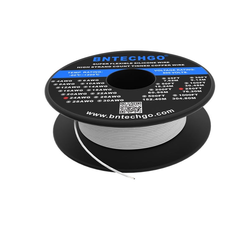 BNTECHGO 24 Gauge Silicone Wire Spool 250 ft White Flexible 24 AWG Stranded Tinned Copper Wire