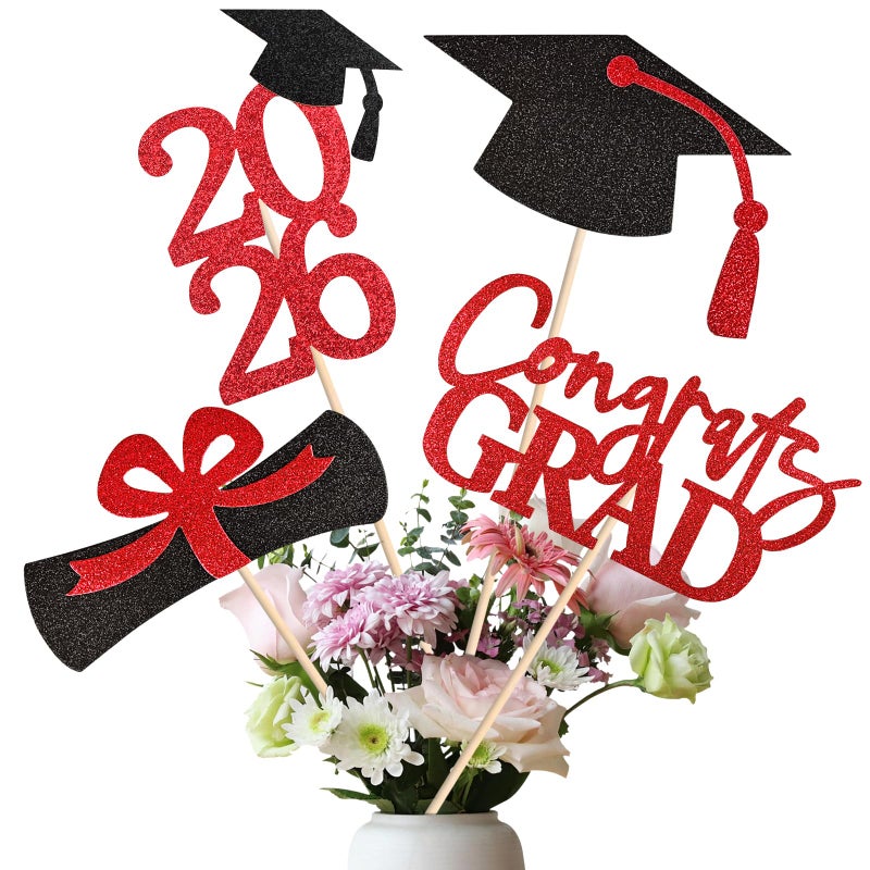 Cyunda 20 PCS Graduation Decorations Class of 2026 Black and Red DoubleSided Centerpieces Grad Cap Sticks Table Toppers Graduation Party Decorations - Image 2