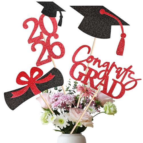 Cyunda 20 PCS Graduation Decorations Class of 2026 Black and Red DoubleSided Centerpieces Grad Cap Sticks Table Toppers Graduation Party Decorations - Image 1
