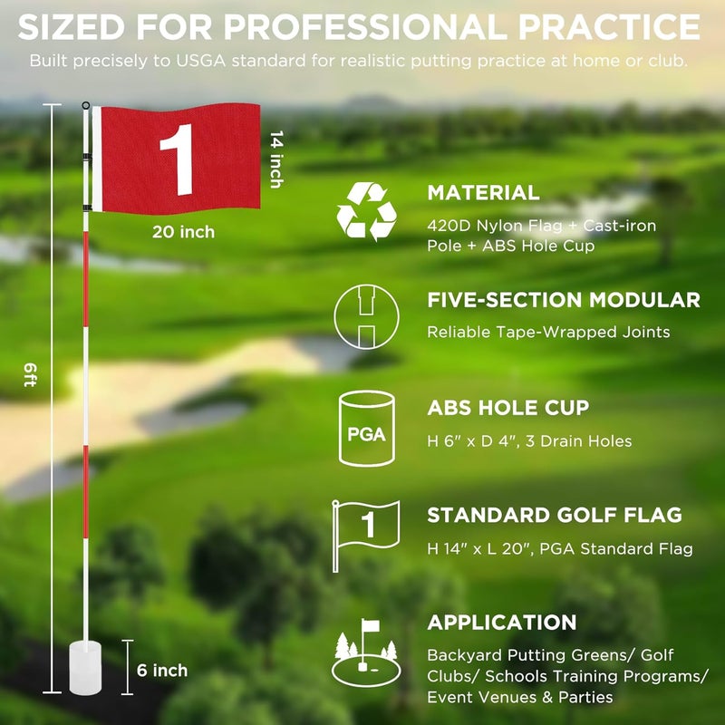 KINGTOP Golf Flagstick 6ft, Portable Five-Section Design for Backyard Practice Putting Green, Driving Range Golf Pin Flag Hole Cup Set, Gift Idea - Image 2