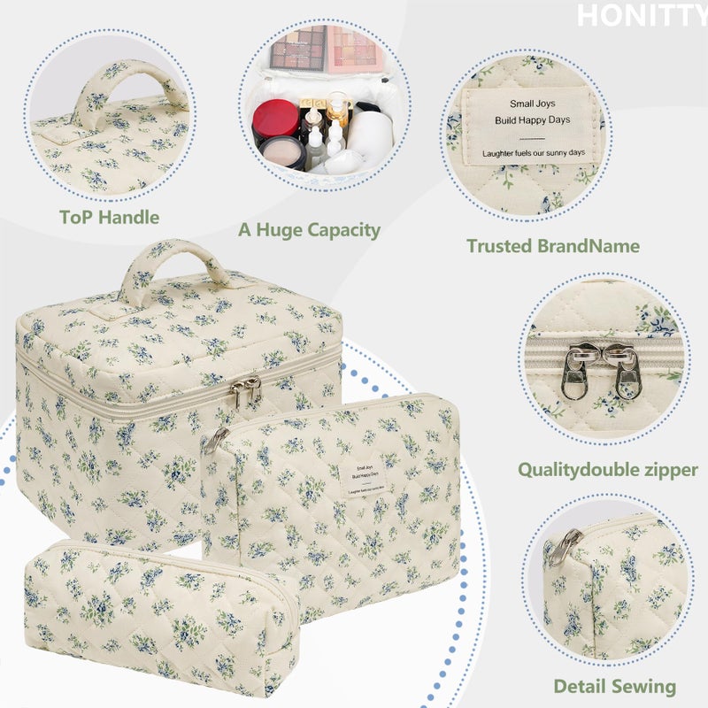 honitty Makeup Bag,Quilted Cosmetic Bags,Large Floral Make Up Organize bag,Makeup Bag Set for Women,Flower Travel Toiletry Bag - Image 3