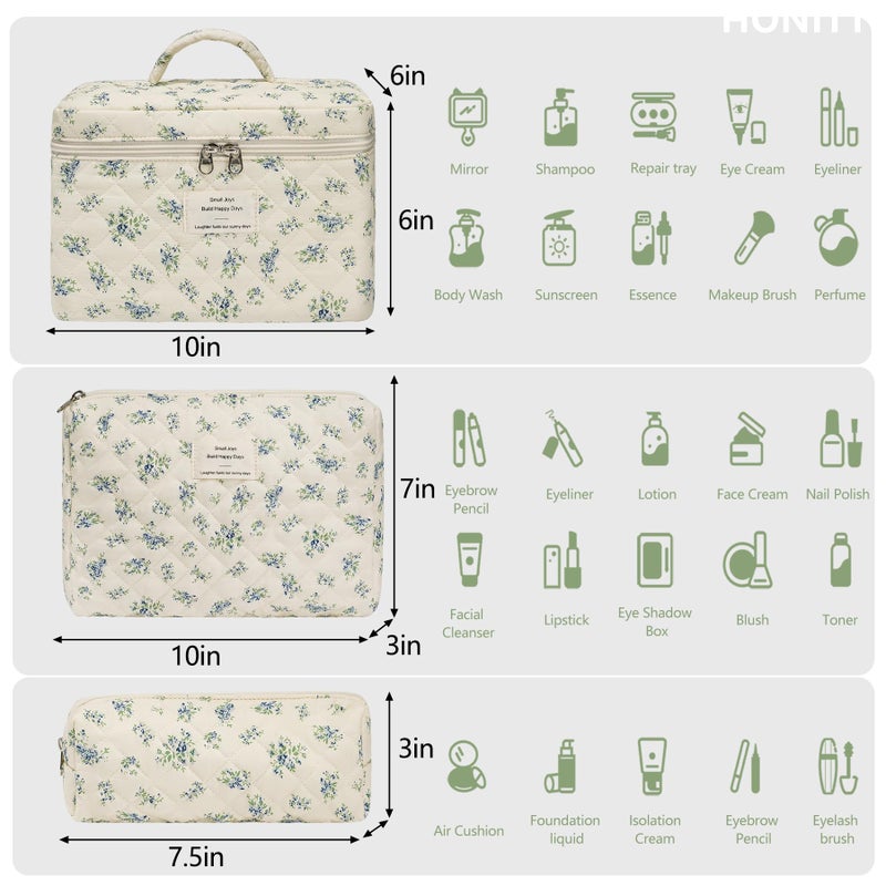 honitty Makeup Bag,Quilted Cosmetic Bags,Large Floral Make Up Organize bag,Makeup Bag Set for Women,Flower Travel Toiletry Bag - Image 2