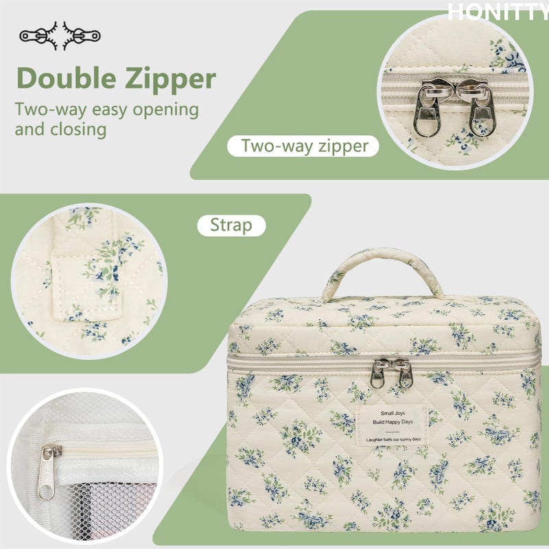 honitty Makeup Bag,Quilted Cosmetic Bags,Large Floral Make Up Organize bag,Makeup Bag Set for Women,Flower Travel Toiletry Bag - Image 4