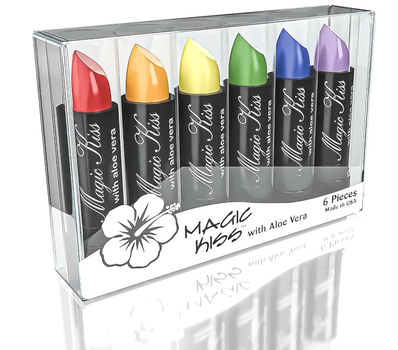 Magic Kiss Pack of 6 Magic Kiss Color Changing Matte Lipstick set, Long Lasting Nutritious Lips Moisturizer Magic Temperature Color Change Lip Balm with Aloe Vera PH Lipstick MADE IN USA (Rainbow 6 Pack) 