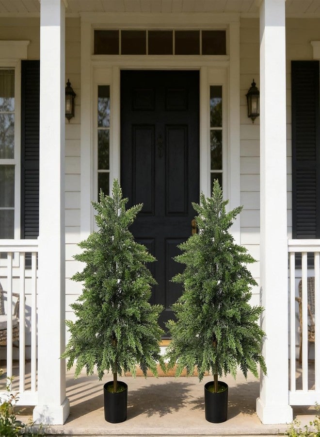 FAJUNZH Real Touch Artificial Cedar Topiary Trees 3FT, 2 Sets of Realistic Potted UV Resistant Fake Plants for Front Porch for Outdoor & Indoor Front Porch, Garden, Patio, and Farmhouse Decor - Image 2
