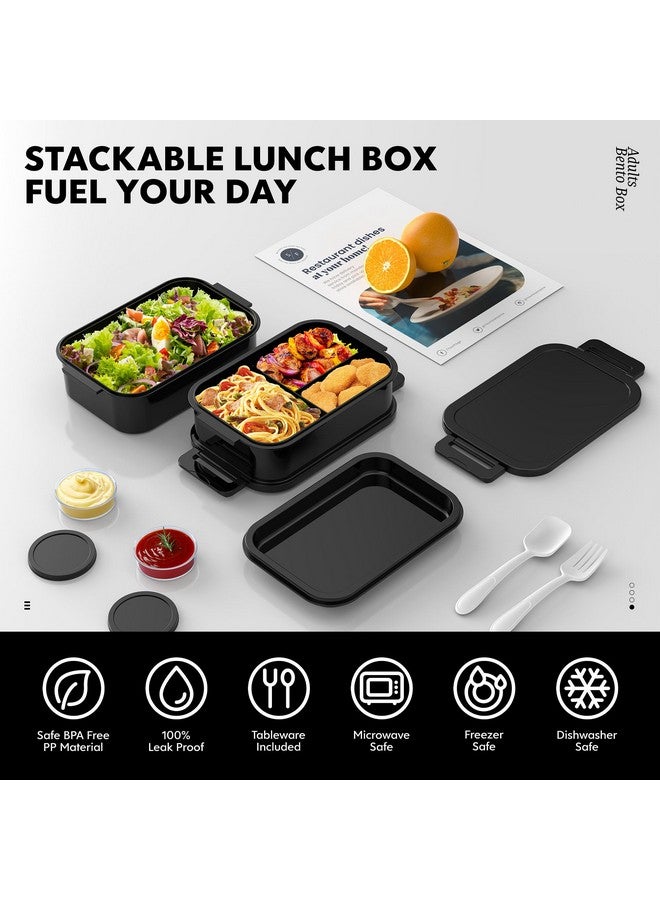 Jelife Adult Bento Box Lunch Box - Large Style Stackable Bento Lunch Box for Adults, 72oz All-in-One 3 Layers Bento Boxes Leak-Proof Lunchbox with Utensil Sauce Containers for Dining Out,Work, Black - Image 2