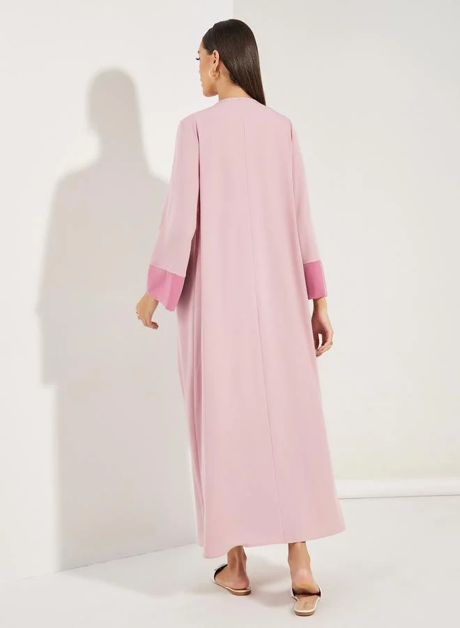 Styli Contrast Cuff Open Front Abaya