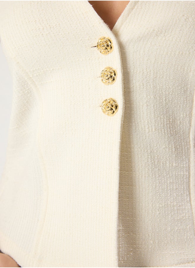 Ecru Slim Tweed Fabric Floral Button Accessory Crop Knit Vest