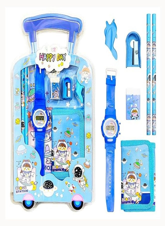 KHUSHA CREATIONS Kids Stationery Gift Set with Digital Watch, Wallet, Pencils, Eraser, Sharpener & Box | Trolley Shape Happy Day Stationery Combo for Boys & Girls | School Gift, Birthday Return Gift Set - Image 1
