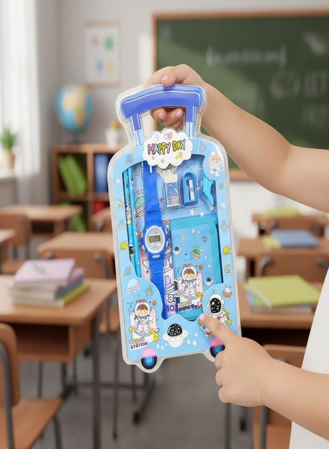 KHUSHA CREATIONS Kids Stationery Gift Set with Digital Watch, Wallet, Pencils, Eraser, Sharpener & Box | Trolley Shape Happy Day Stationery Combo for Boys & Girls | School Gift, Birthday Return Gift Set - Image 3