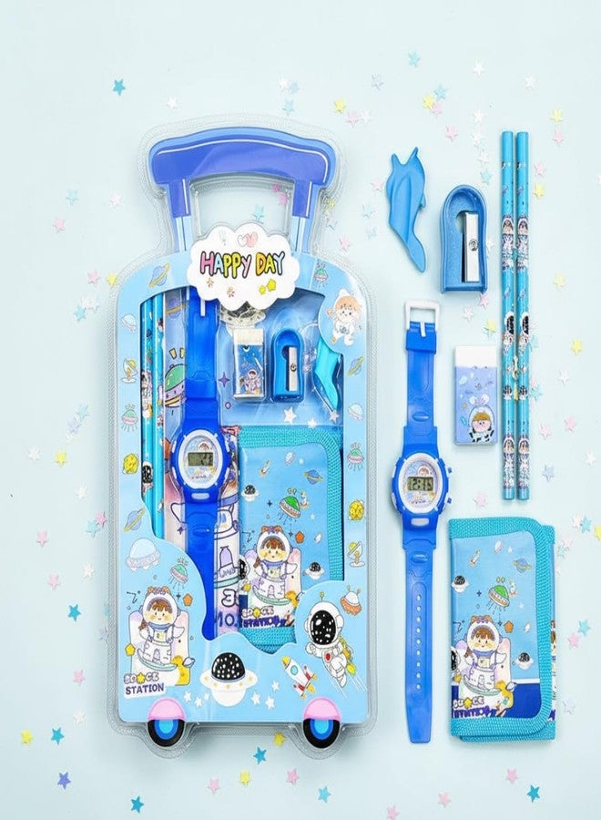 KHUSHA CREATIONS Kids Stationery Gift Set with Digital Watch, Wallet, Pencils, Eraser, Sharpener & Box | Trolley Shape Happy Day Stationery Combo for Boys & Girls | School Gift, Birthday Return Gift Set - Image 2