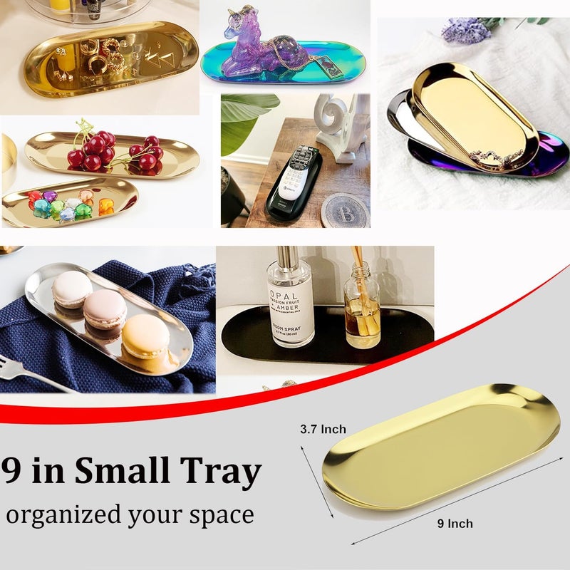 Fermus Stainless Steel Decorative Tray, Set of 2, 9 Inch Long, Jewelry Dish Cosmetics Organizer Bathroom Clutter Serving Platter Small Storage Tray, Oval, Gold - Image 2