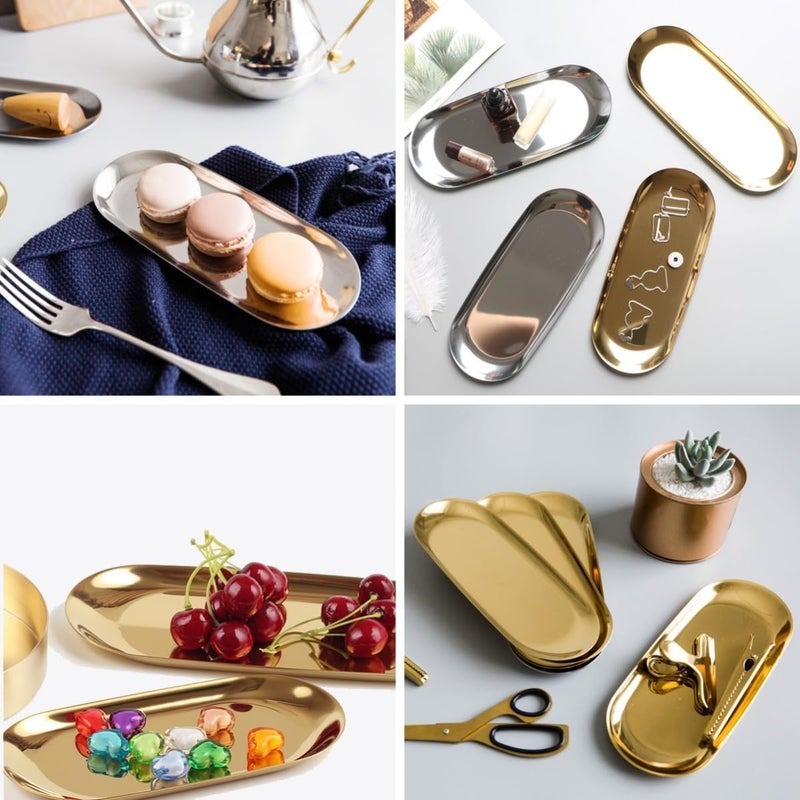 Fermus Stainless Steel Decorative Tray, Set of 2, 9 Inch Long, Jewelry Dish Cosmetics Organizer Bathroom Clutter Serving Platter Small Storage Tray, Oval, Gold - Image 3