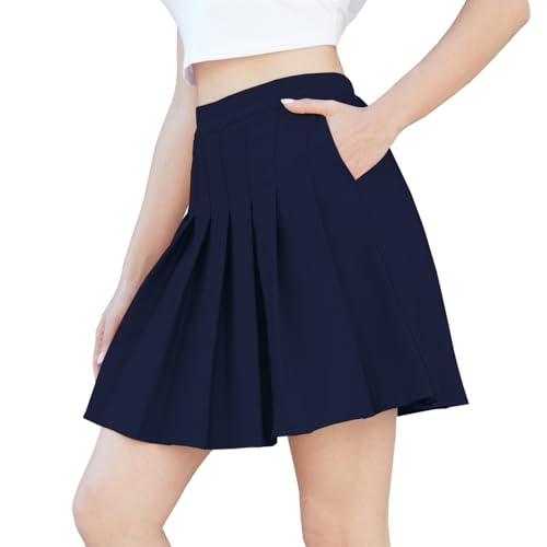 SANGTREE Women Pleated Tennis Skirts, High Waist School Skater Mini Y2K Athletic Skorts with Pockets Tummy Control, Navy Blue,US S - Image 1