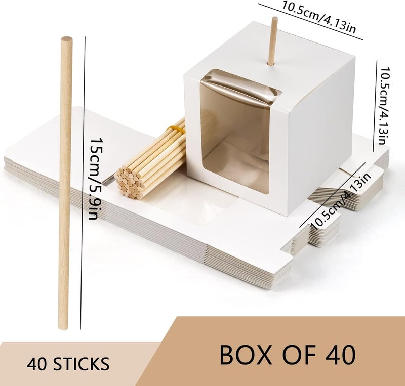 BadenBach 40 Pack Kraft Candy Apple Box with Sticks,4" x 4" x 4",Caramel Apple Box Kit Chocolate Cake Treat Boxes with Clear Window for Halloween,Festival,Wedding,Party,Baby Shower (White) - Image 2