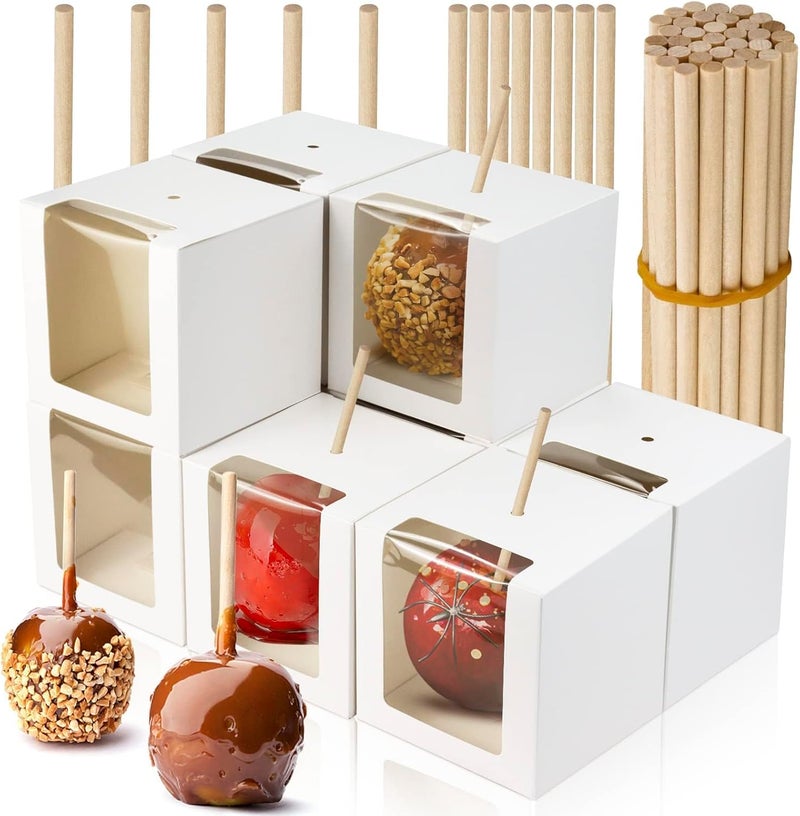 BadenBach 40 Pack Kraft Candy Apple Box with Sticks,4" x 4" x 4",Caramel Apple Box Kit Chocolate Cake Treat Boxes with Clear Window for Halloween,Festival,Wedding,Party,Baby Shower (White) - Image 1