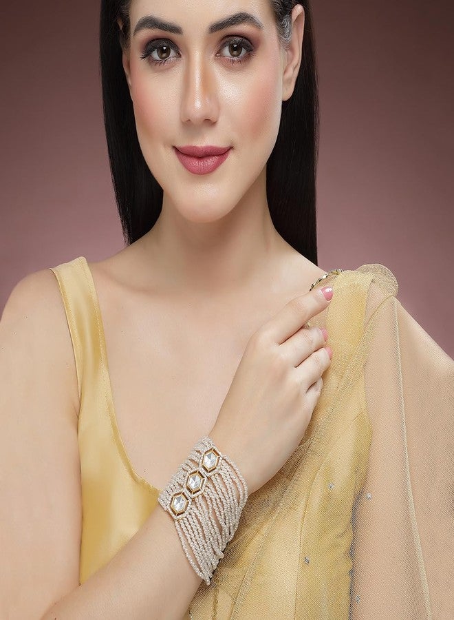 Karatcart Gold Plated Polki Kundan and Pearl Beaded Bracelet for Women - Image 3