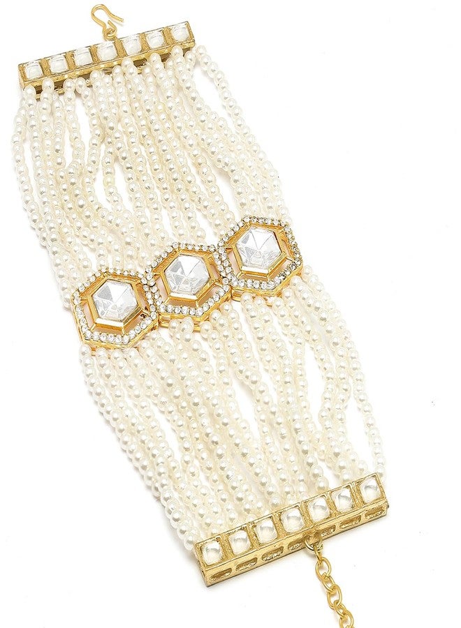 Karatcart Gold Plated Polki Kundan and Pearl Beaded Bracelet for Women - Image 1