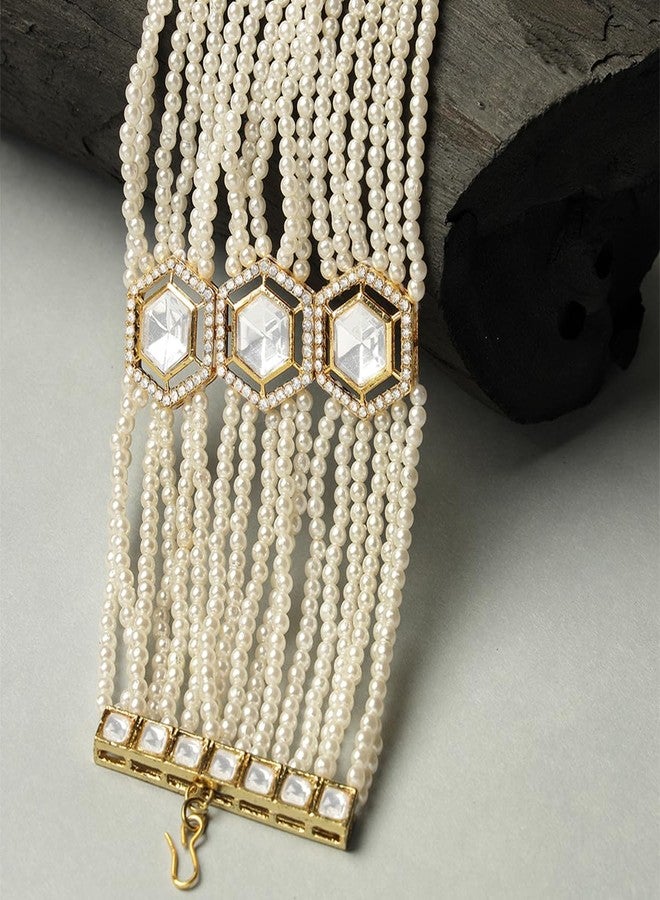 Karatcart Gold Plated Polki Kundan and Pearl Beaded Bracelet for Women - Image 4