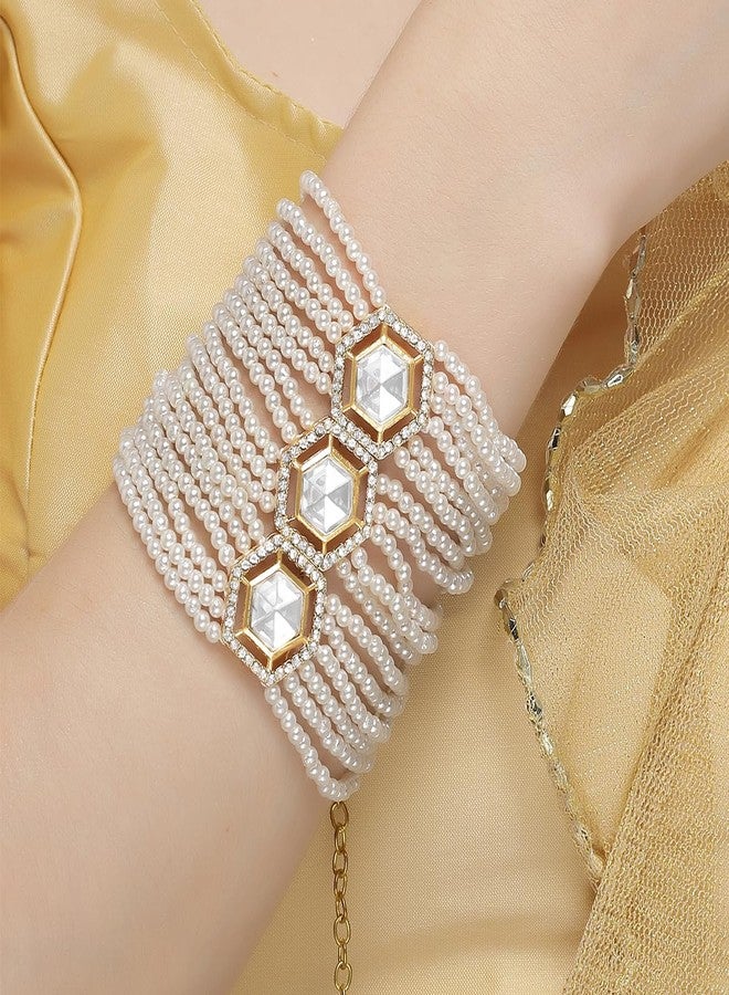 Karatcart Gold Plated Polki Kundan and Pearl Beaded Bracelet for Women - Image 2