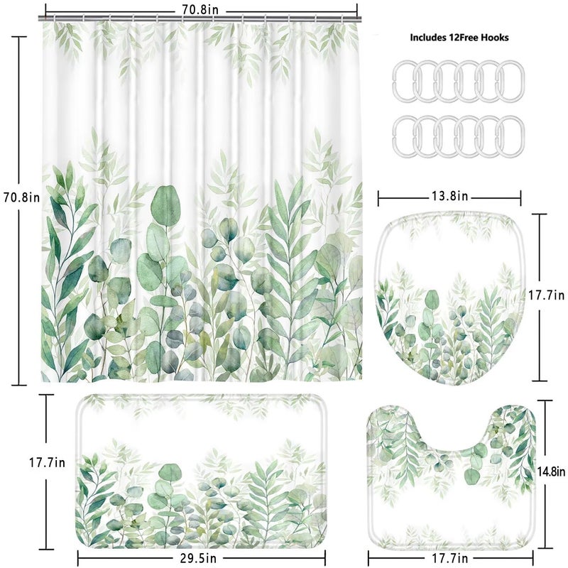DDQQ 4Pcs Green Bathroom Set Leaves Shower Curtain Set Spring Eucalyptus Leaf Shower Curtain for Bathroom with 12 Hooks, Bathroom Decor Accessories for Bathroom Toilet Lid Cover - Image 5