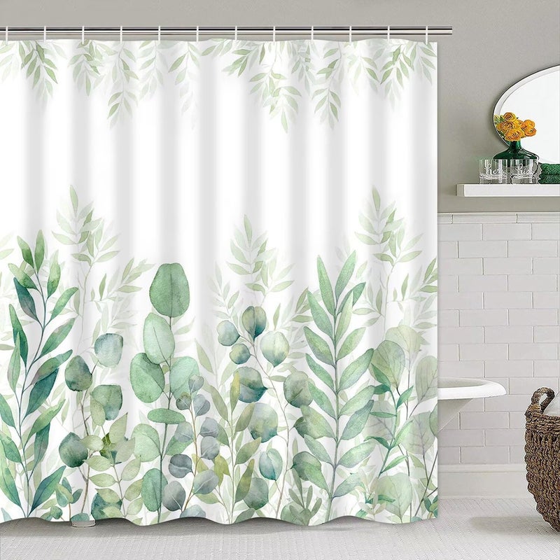 DDQQ 4Pcs Green Bathroom Set Leaves Shower Curtain Set Spring Eucalyptus Leaf Shower Curtain for Bathroom with 12 Hooks, Bathroom Decor Accessories for Bathroom Toilet Lid Cover - Image 3