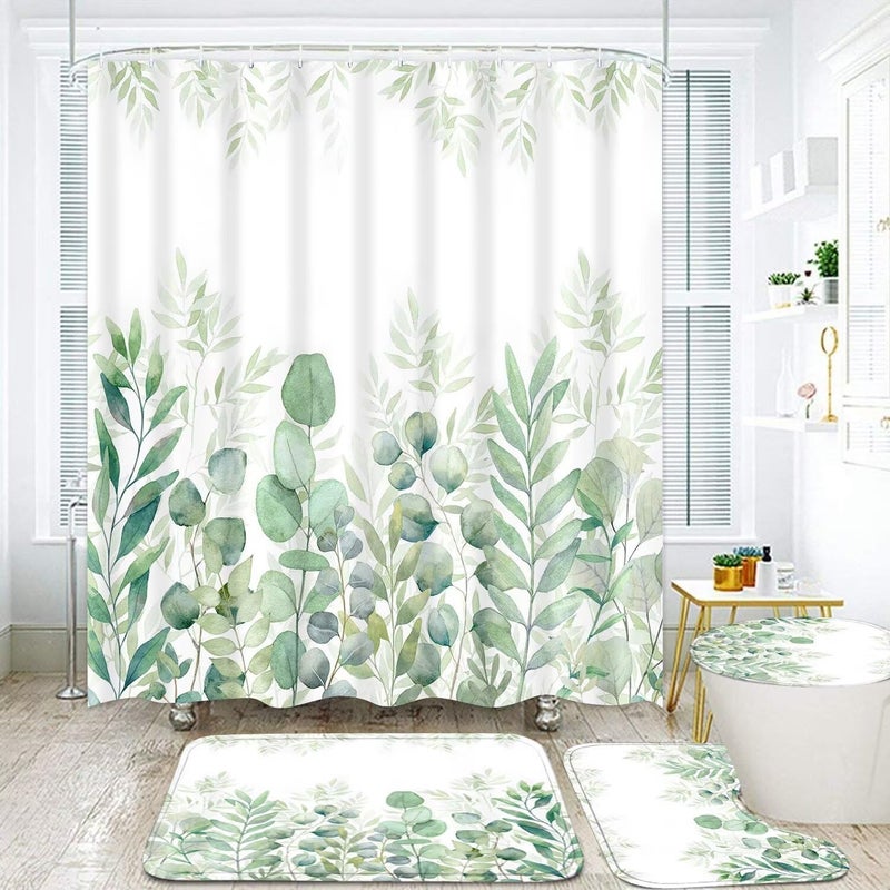 DDQQ 4Pcs Green Bathroom Set Leaves Shower Curtain Set Spring Eucalyptus Leaf Shower Curtain for Bathroom with 12 Hooks, Bathroom Decor Accessories for Bathroom Toilet Lid Cover - Image 2