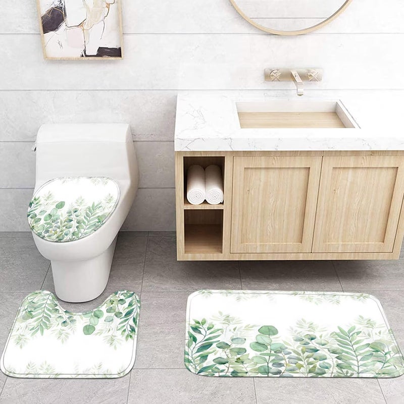 DDQQ 4Pcs Green Bathroom Set Leaves Shower Curtain Set Spring Eucalyptus Leaf Shower Curtain for Bathroom with 12 Hooks, Bathroom Decor Accessories for Bathroom Toilet Lid Cover - Image 4