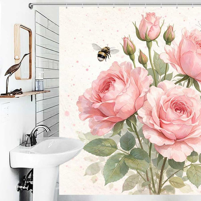 Pink Roses with Bee and Butterfly IllustrationShower Curtain for Bathroom Waterproof Tan Shower Curtain with Hooks 71 inch x 71 inch - Image 4