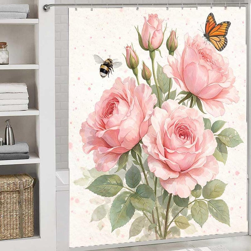 Pink Roses with Bee and Butterfly IllustrationShower Curtain for Bathroom Waterproof Tan Shower Curtain with Hooks 71 inch x 71 inch - Image 2
