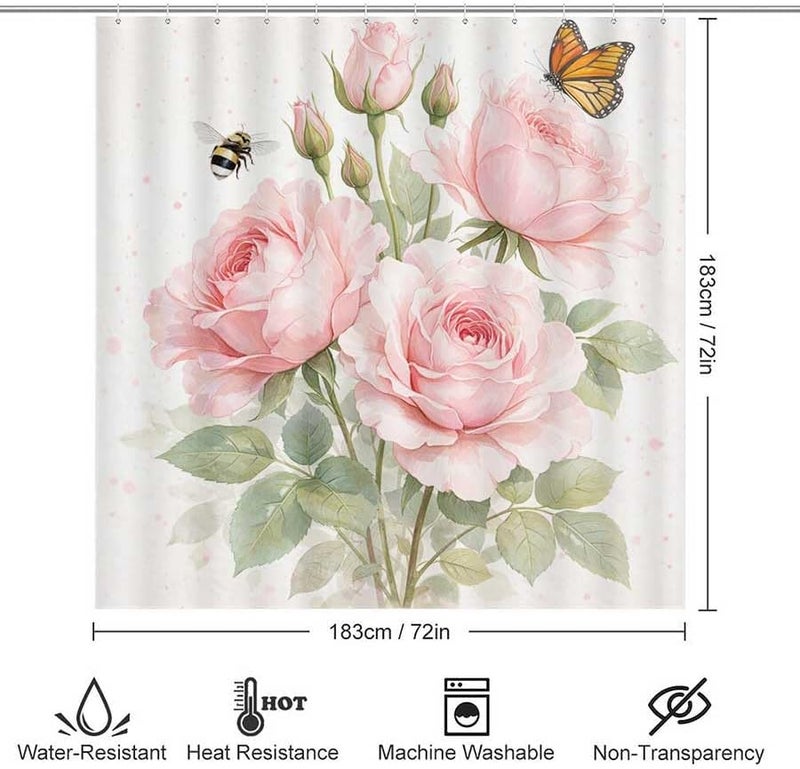 Pink Roses with Bee and Butterfly IllustrationShower Curtain for Bathroom Waterproof Tan Shower Curtain with Hooks 71 inch x 71 inch - Image 3