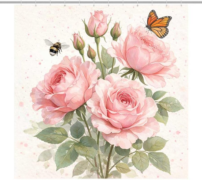 Pink Roses with Bee and Butterfly IllustrationShower Curtain for Bathroom Waterproof Tan Shower Curtain with Hooks 71 inch x 71 inch - Image 1