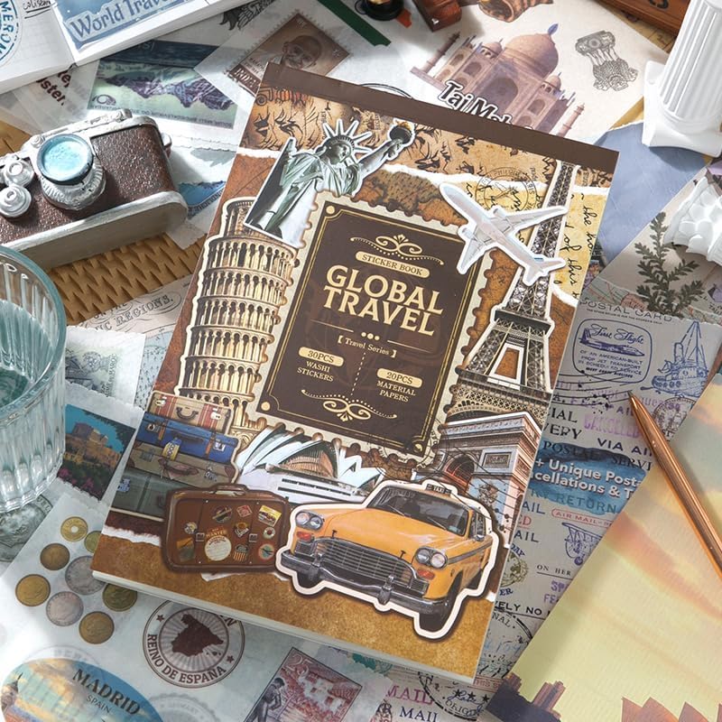 Elegious Elegious Vintage Aesthetic Washi Stickers and Papers for Scrapbooking 50 Sheets Book for Art Journaling with Retro Global Travel Theme Stickers and Decoupage Papers for Junk Journal Brown 