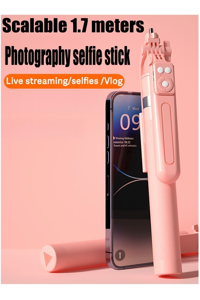 66.9 inches(170cm) Selfie Stick Tripod, Extendable Tripod with Rechargeable Bluetooth Remote,Removable 2pcs fill light， Compatible with iPhone and Android Smartphones, Perfect for Travel, Vlog, Video and Photo, Pink - Image 2