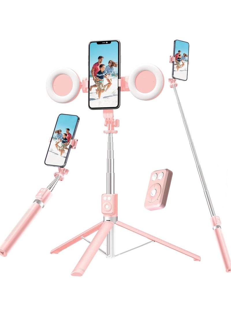 66.9 inches(170cm) Selfie Stick Tripod, Extendable Tripod with Rechargeable Bluetooth Remote,Removable 2pcs fill light， Compatible with iPhone and Android Smartphones, Perfect for Travel, Vlog, Video and Photo, Pink - Image 1
