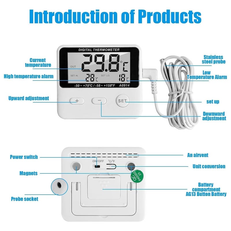 KASTWAVE TERRIFI Digital Freezer Thermometer with External Sensor, LCD Display, High/Low Temperature Alarm, ℃/℉ Switchable, Magnetic Refrigerator Thermometer for Home - Image 2
