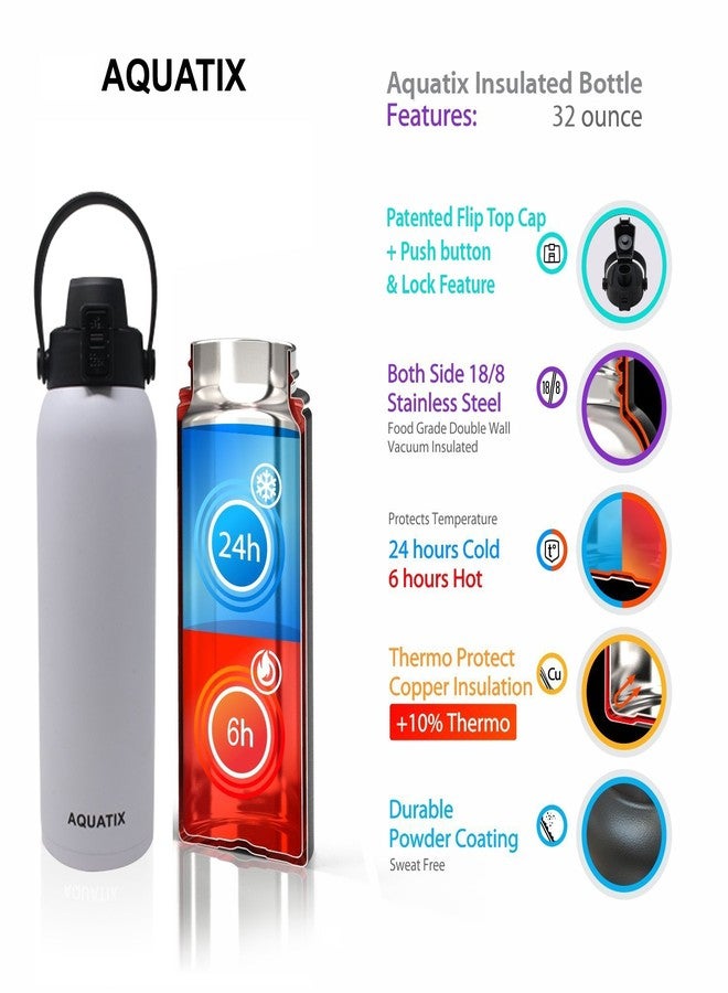 yinat New Aquatix (White, 32 Ounce) Pure Stainless Steel Double Wall Vacuum Insulated Sports Water Bottle Convenient Flip Top Cap with Removable Strap Handle - Keeps Drinks Cold 24 hr/Hot 6 hr - Image 2