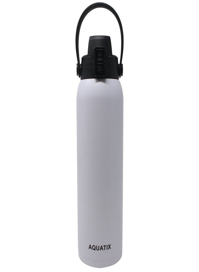 yinat New Aquatix (White, 32 Ounce) Pure Stainless Steel Double Wall Vacuum Insulated Sports Water Bottle Convenient Flip Top Cap with Removable Strap Handle - Keeps Drinks Cold 24 hr/Hot 6 hr - Image 1