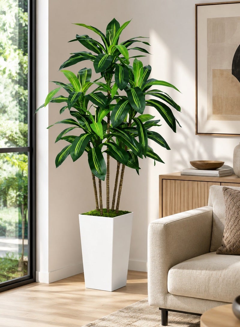 زفيزفيا شجرة Dracaena الاصطناعية 150 سم مع زراعة بيضاء - واقعية مزيفة استوائية يوكا نبات للمنزل والمكتب وغرفة المعيشة ديكور - شجرة الحرير الداخلية خالية من الصيانة - Image 2