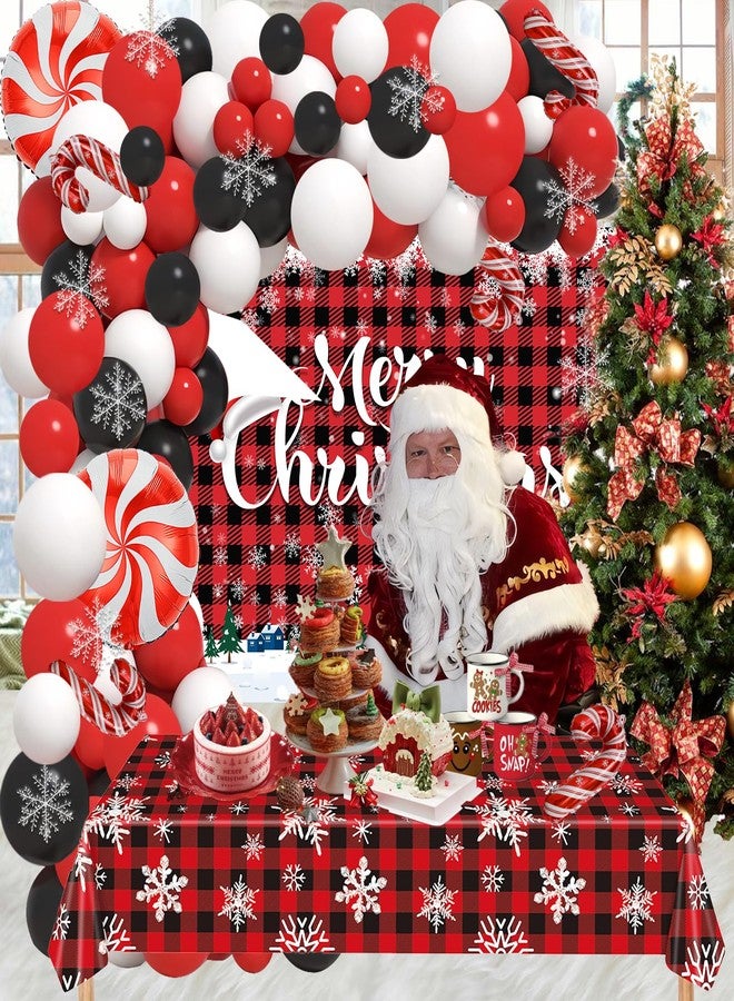 Janinus Plaid Christmas Balloons Garland Arch Kit with Merry Christmas Backdrop, Snowflake Tablecloth, Red White Balck Balloons, Xmas Decor Cane Foil Balloon for Christma Baby Shower Birthday Party - Image 5
