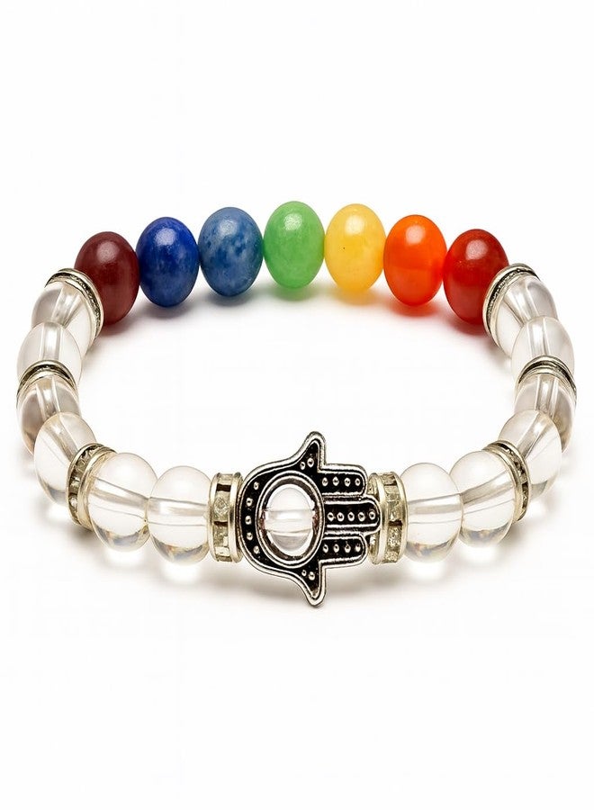 Fikup Clear Quartz 7-Chakra Bracelet (8mm) with Hamsa Charm | Multicolour Crystal Beads | Unisex Energy-Inspired Fashion Bracelet - Image 1